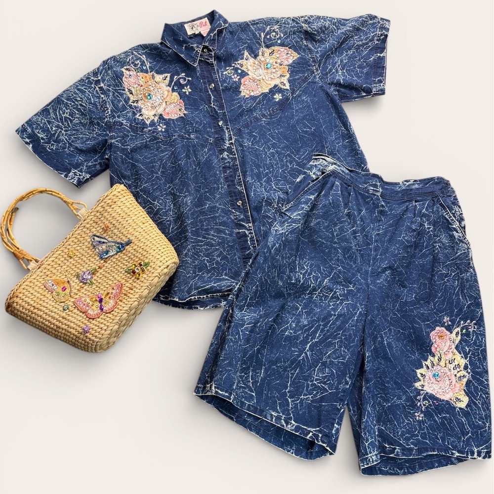 Pret Vintage 2 Piece Set Womens L Blue Acid Wash Floral Embroidered Shorts Shirt